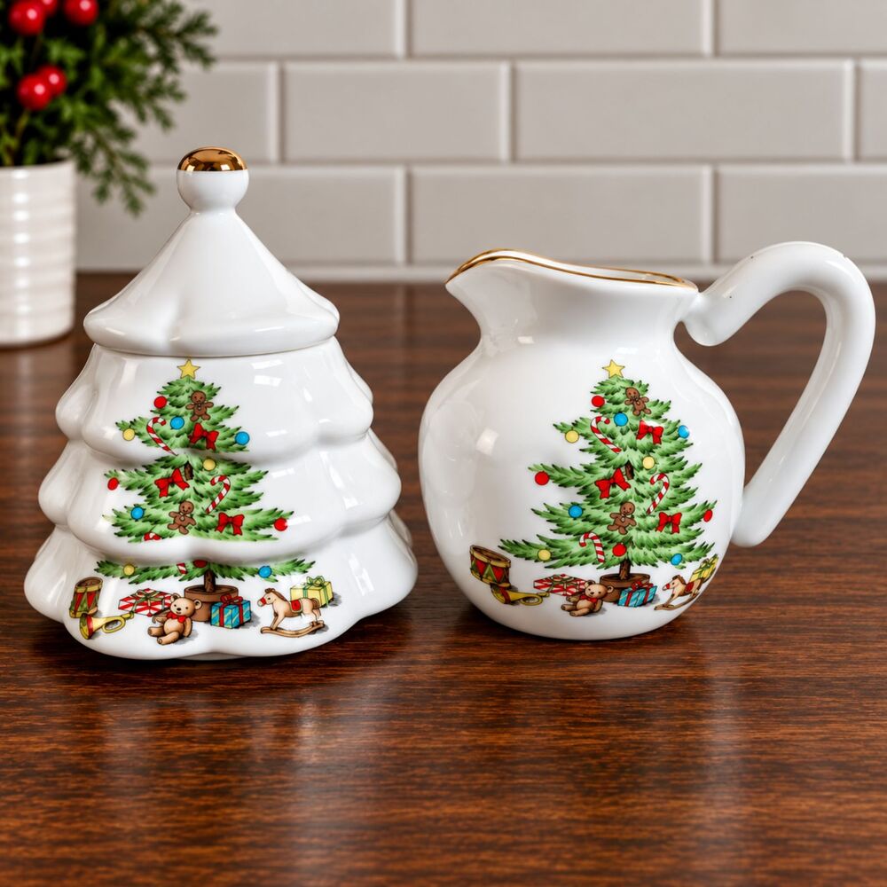 Meiwa Home for the Holidays Creamer Sugar Bowl Lid Christmas Tree Gold Trim